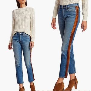 FRAME leather trim denim jeans.